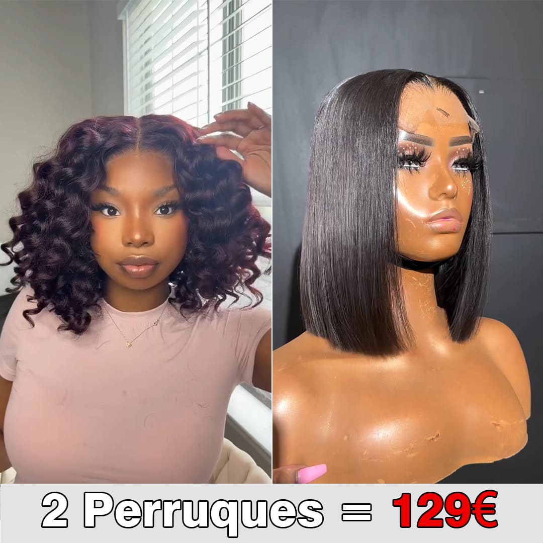ailuxyhair-fr Perruque Combo Identique à la photo AILUXY 2 Perruques = €129 | 100% Cheveux Humains Bouclé Bordeaux + Cheveux Blended Bob Noir Lisse
