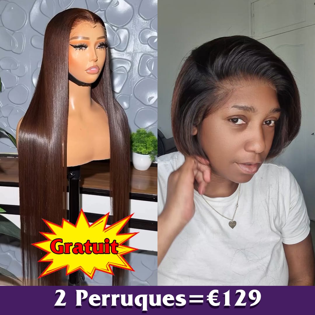 ailuxyhair-fr Perruque Combo Identique à la photo AILUXY 2 Perruques = €129 | Perruque Lisse blended 24" (Cadeau) + Perruque lisse dentelle 8" Bob Court 100%  Cheveux Réels