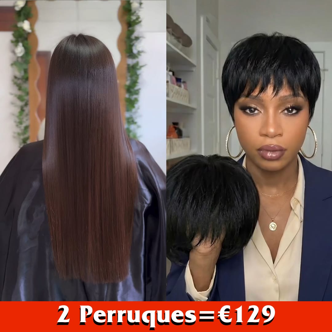 ailuxyhair-fr Perruque Combo Identique à la photo AILUXY 2 Perruques = €129 : Perruque Pixie Courte 100% Cheveux Humains + Perruque Lisse 24” Longue  | Identique à la Photo