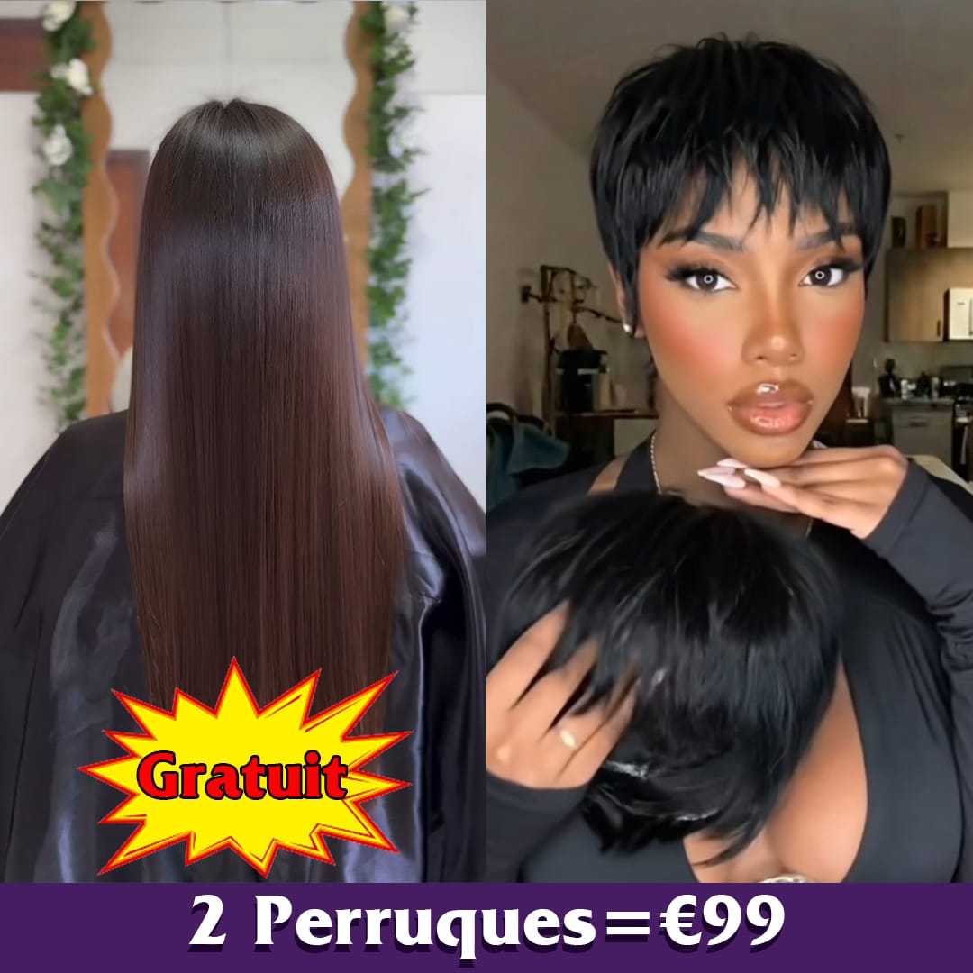 ailuxyhair-fr Perruque Combo Identique à la photo AILUXY 2 Perruques = €99 : Perruque Pixie Courte 100% Cheveux Humains + Perruque Lisse 24” Longue Blended (Cadeau) | Identique à la Photo