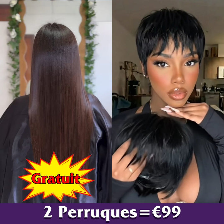 ailuxyhair-fr Perruque Combo Identique à la photo AILUXY 2 Perruques = €99 : Perruque Pixie Courte 100% Cheveux Humains + Perruque Lisse 24” Longue Blended (Cadeau) | Identique à la Photo
