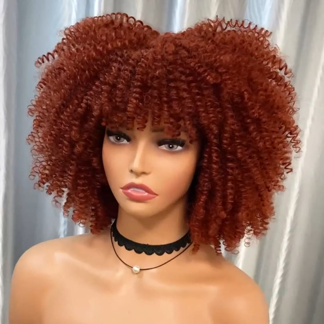 ailuxyhair-fr Perruque Combo Identique à la photo AILUXY Perruque Afro Curly Marron Rougeâtre avec Frange, Cheveux Synthétiques Blended Naturels, Coupe Bob Volume pour Femme