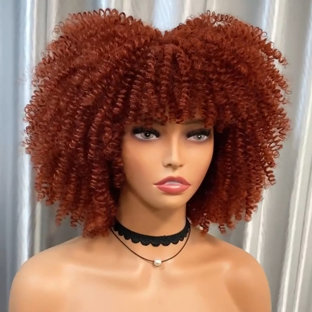 ailuxyhair-fr Perruque Combo Identique à la photo AILUXY Perruque Afro Curly Marron Rougeâtre avec Frange, Cheveux Synthétiques Blended Naturels, Coupe Bob Volume pour Femme