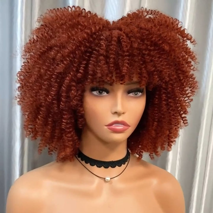 ailuxyhair-fr Perruque Combo Identique à la photo AILUXY Perruque Afro Curly Marron Rougeâtre avec Frange, Cheveux Synthétiques Blended Naturels, Coupe Bob Volume pour Femme