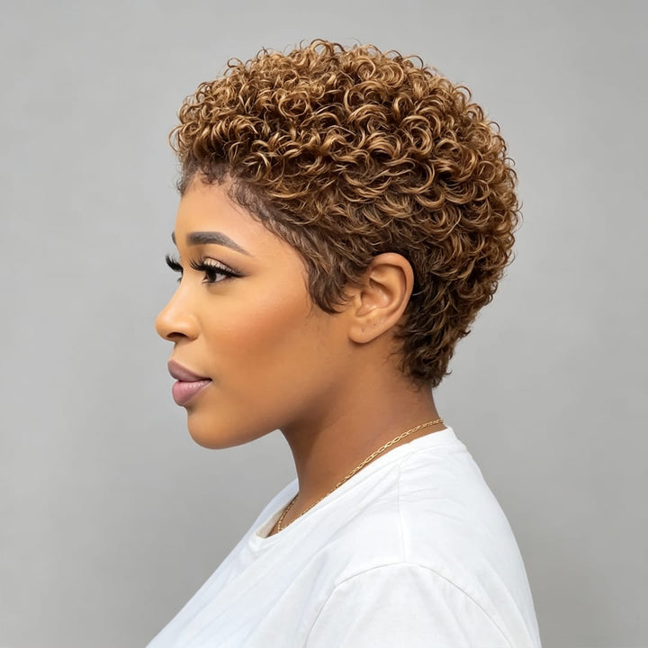 ailuxyhair-fr Perruque Coupe Pixie AILUXY Perruque HD Pixie Bouclée Courte Couleur Miel, Cheveux Humains avec Lace Front