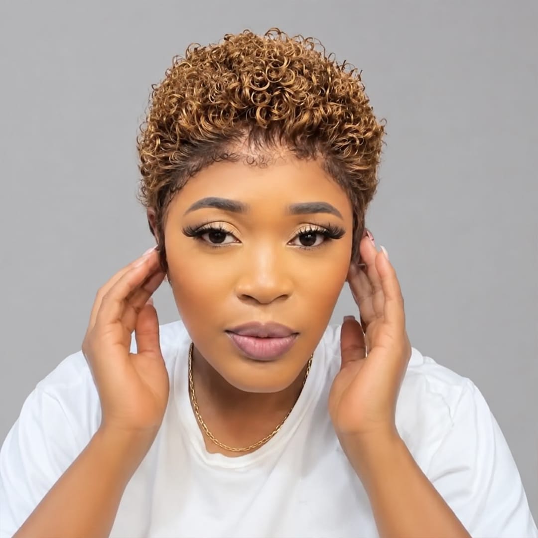 ailuxyhair-fr Perruque Coupe Pixie AILUXY Perruque HD Pixie Bouclée Courte Couleur Miel, Cheveux Humains avec Lace Front