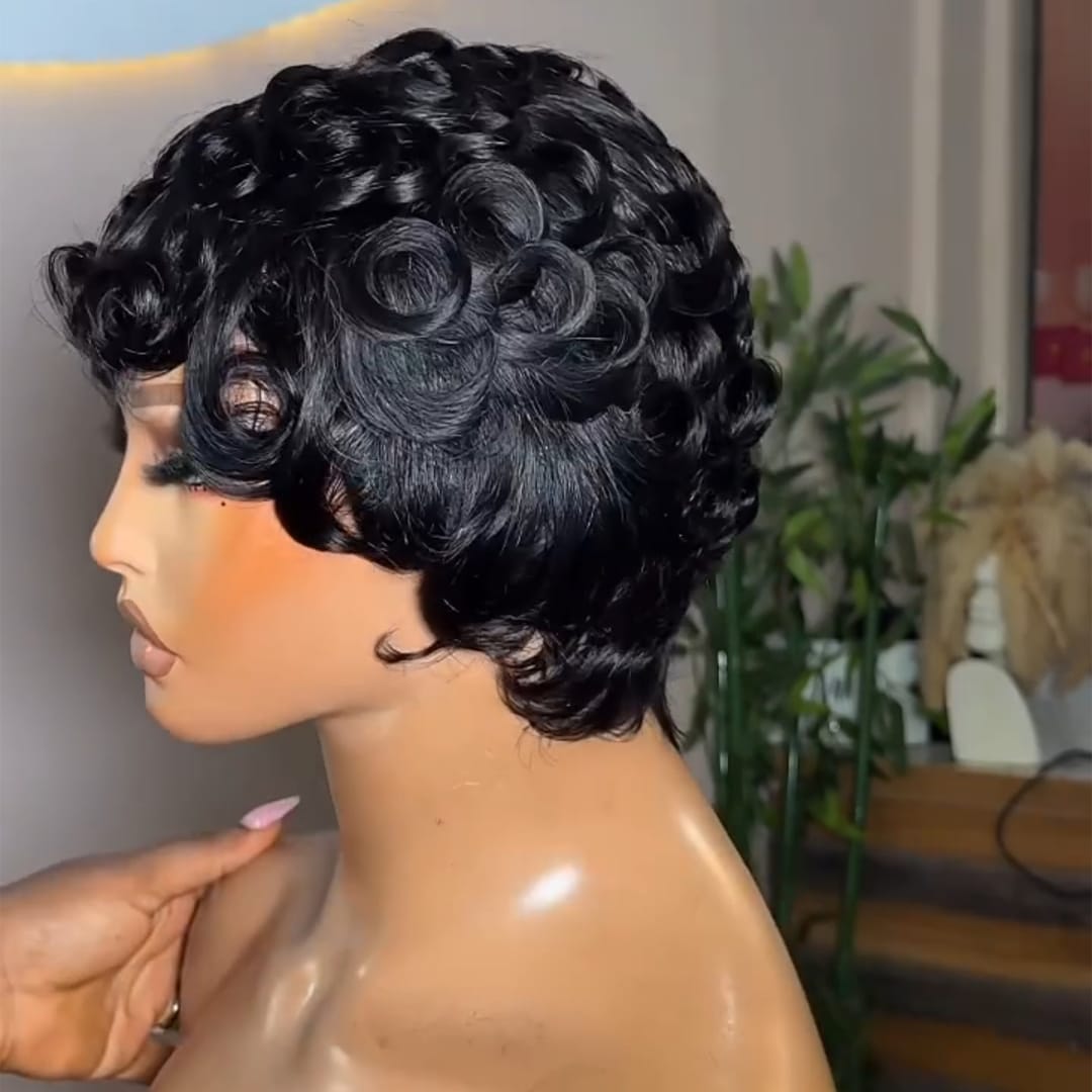 ailuxyhair-fr Perruque Coupe Pixie AILUXY Perruque Rétro en Cheveux Humains à Boucles Circulaires, Coloris Polyvalent, Entretien Minimal, Modèle à Double Couleur Tendance