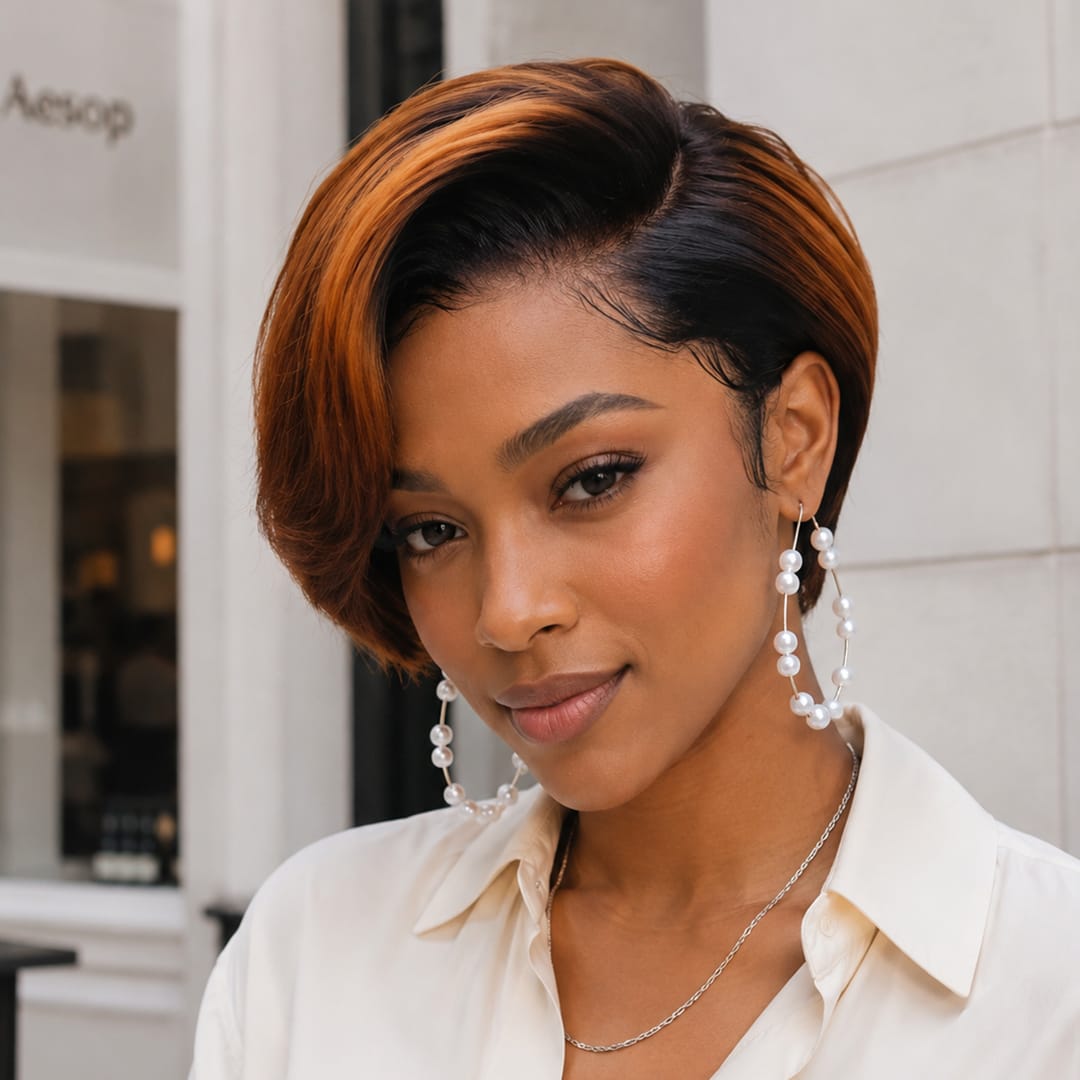 ailuxyhair-fr Perruque Coupe Pixie AILUXY T Part Lace Lisse Courte Perruque en Couleur Mixte 100% Cheveux Humains