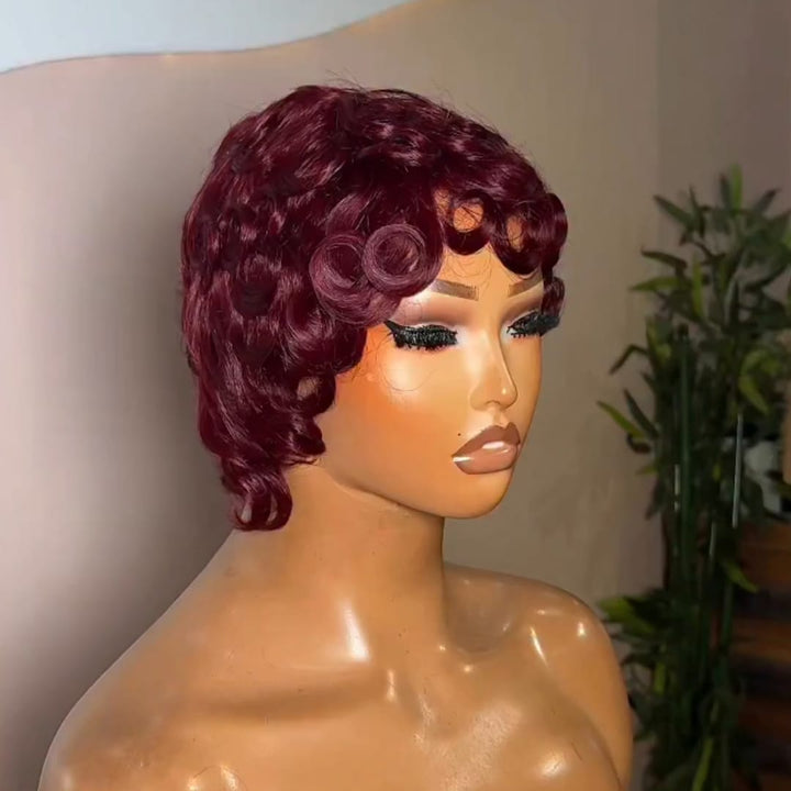 ailuxyhair-fr Perruque Coupe Pixie Bordeaux AILUXY Perruque Rétro en Cheveux Humains à Boucles Circulaires, Coloris Polyvalent, Entretien Minimal, Modèle à Double Couleur Tendance