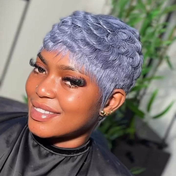 ailuxyhair-fr Perruque Coupe Pixie Identique à la photo AILUXY Perruque Cheveux Humains Coupe Pixie Gris Lavande avec Frange - Look Chic en 1 Seconde