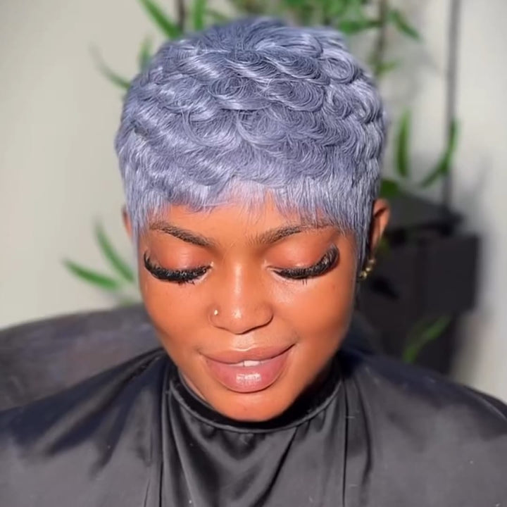 ailuxyhair-fr Perruque Coupe Pixie Identique à la photo AILUXY Perruque Cheveux Humains Coupe Pixie Gris Lavande avec Frange - Look Chic en 1 Seconde
