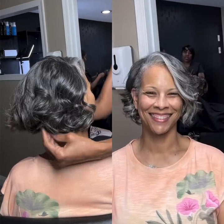 ailuxyhair-fr Perruque Coupe Pixie Identique à la photo AILUXY Perruque Cheveux Humains Gris Sel et Poivre Bob Vague Dentelle Transparente Adaptée Femme Mature