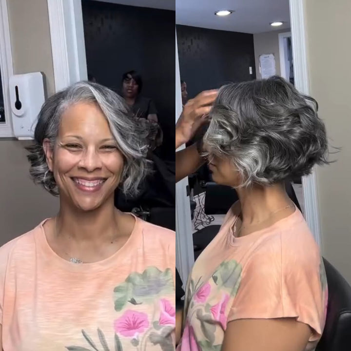 ailuxyhair-fr Perruque Coupe Pixie Identique à la photo AILUXY Perruque Cheveux Humains Gris Sel et Poivre Bob Vague Dentelle Transparente Adaptée Femme Mature