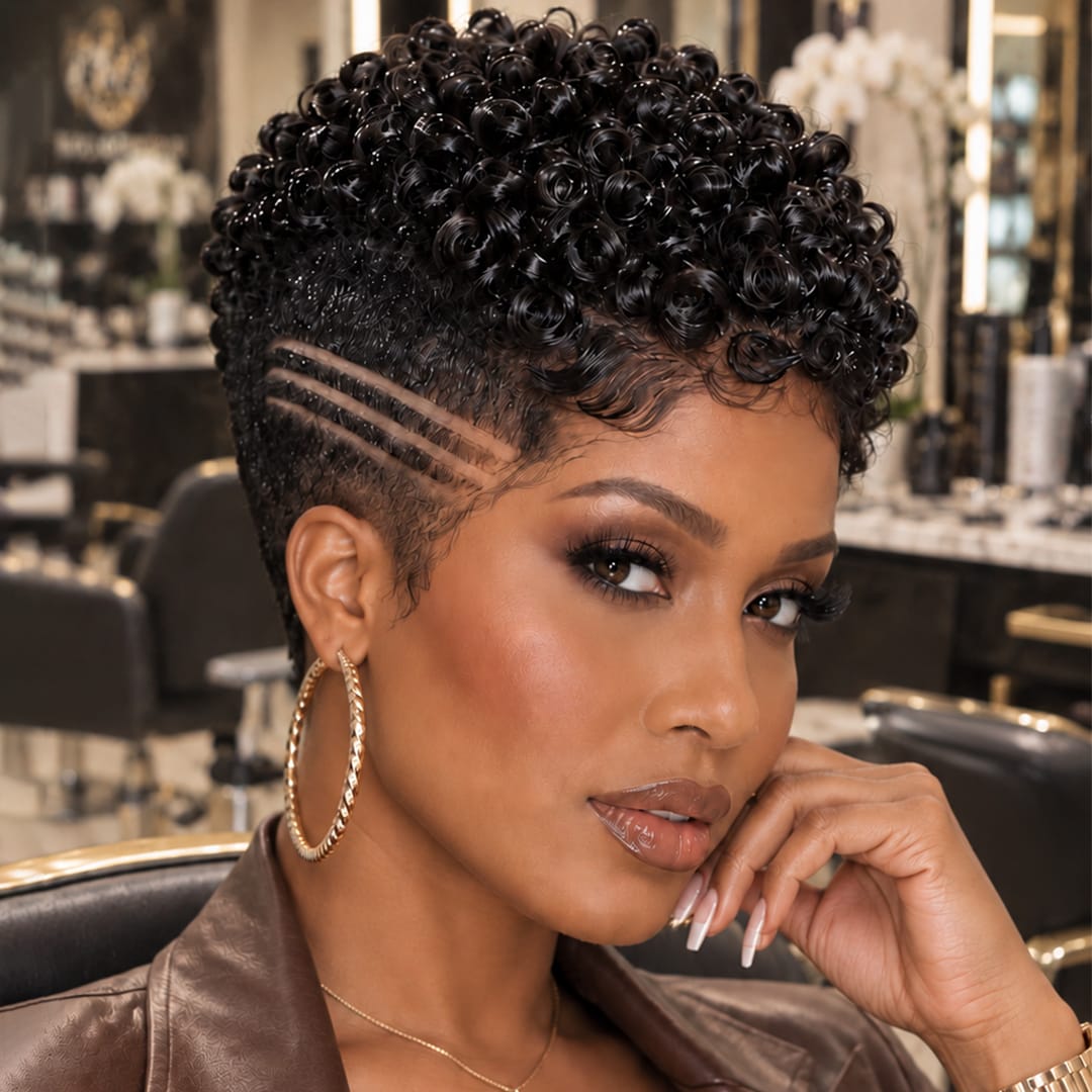 ailuxyhair-fr Perruque Coupe Pixie Identique à la photo AILUXY Perruque Full Lace Perruque Pixie Courte Boucles Finger Coil Cheveux Humains, Dégradé Gravé Sur Côté Look Naturel Afro