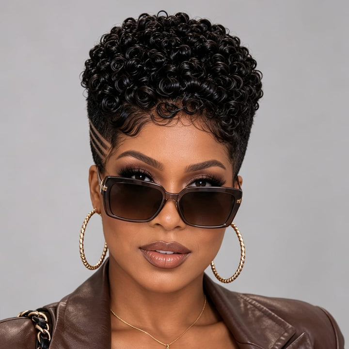 ailuxyhair-fr Perruque Coupe Pixie Identique à la photo AILUXY Perruque Full Lace Perruque Pixie Courte Boucles Finger Coil Cheveux Humains, Dégradé Gravé Sur Côté Look Naturel Afro