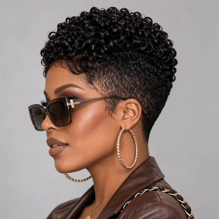 ailuxyhair-fr Perruque Coupe Pixie Identique à la photo AILUXY Perruque Full Lace Perruque Pixie Courte Boucles Finger Coil Cheveux Humains, Dégradé Gravé Sur Côté Look Naturel Afro