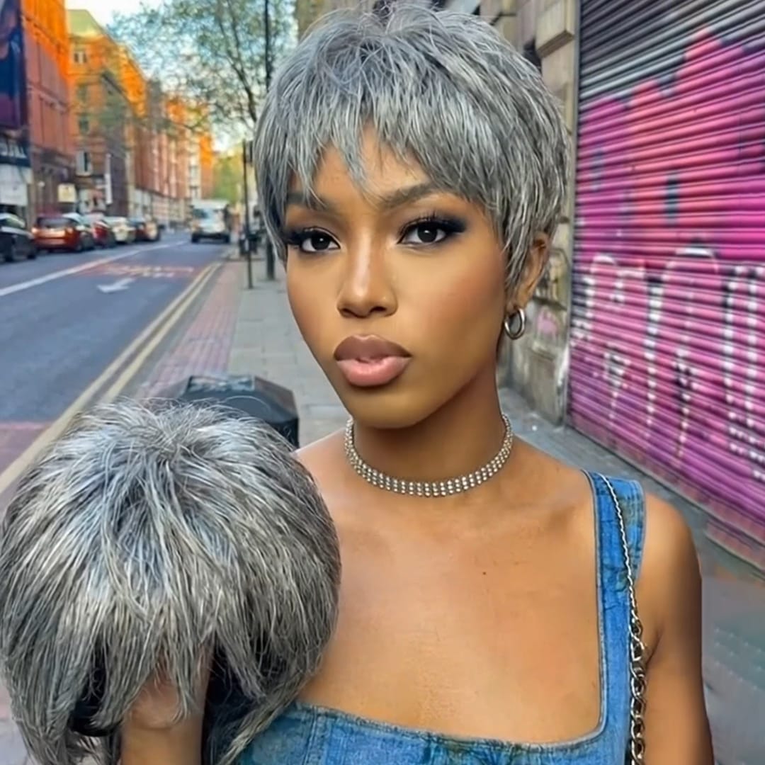 ailuxyhair-fr Perruque Coupe Pixie Identique à la photo AILUXY Perruque Grise Coupe Pixie Sans Colle - Prête à Porter pour un Style Élégant