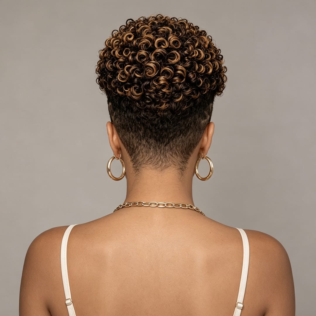 ailuxyhair-fr Perruque Coupe Pixie Identique à la photo AILUXY Perruque Pixie Cheveux Humains Kinky Curly Courte, Mèches Highlights Caramel, Dentelle Full Lace, Boucles Serres Naturelles pour Femme Noire