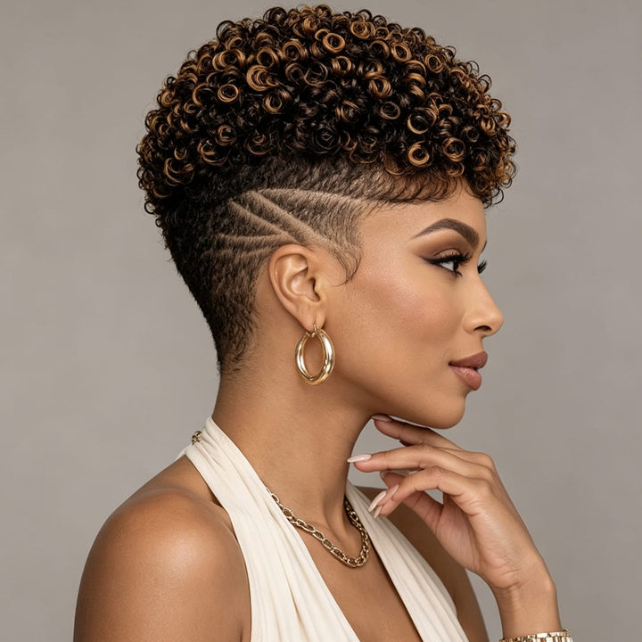 ailuxyhair-fr Perruque Coupe Pixie Identique à la photo AILUXY Perruque Pixie Cheveux Humains Kinky Curly Courte, Mèches Highlights Caramel, Dentelle Full Lace, Boucles Serres Naturelles pour Femme Noire