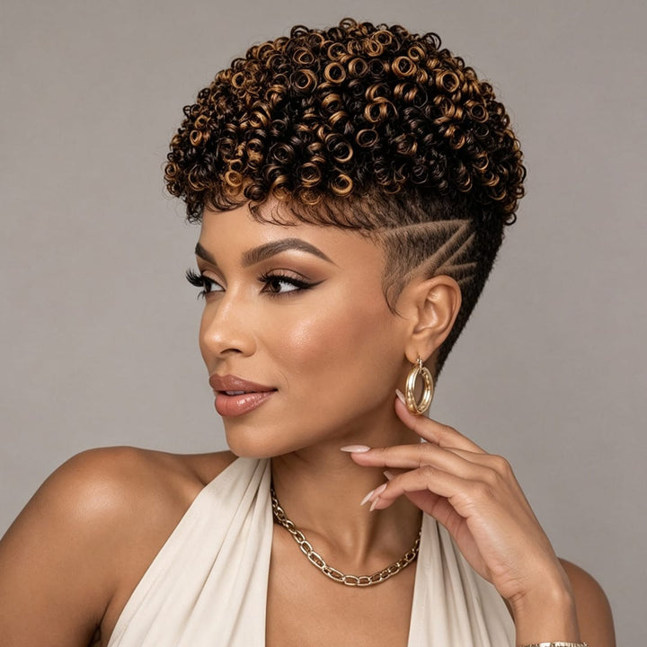 ailuxyhair-fr Perruque Coupe Pixie Identique à la photo AILUXY Perruque Pixie Cheveux Humains Kinky Curly Courte, Mèches Highlights Caramel, Dentelle Full Lace, Boucles Serres Naturelles pour Femme Noire