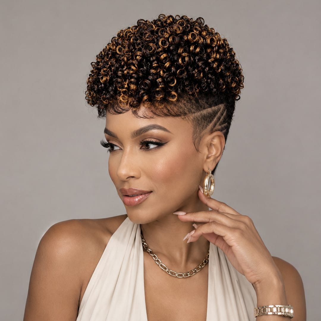 ailuxyhair-fr Perruque Coupe Pixie Identique à la photo AILUXY Perruque Pixie Cheveux Humains Kinky Curly Courte, Mèches Highlights Caramel, Dentelle Full Lace, Boucles Serres Naturelles pour Femme Noire