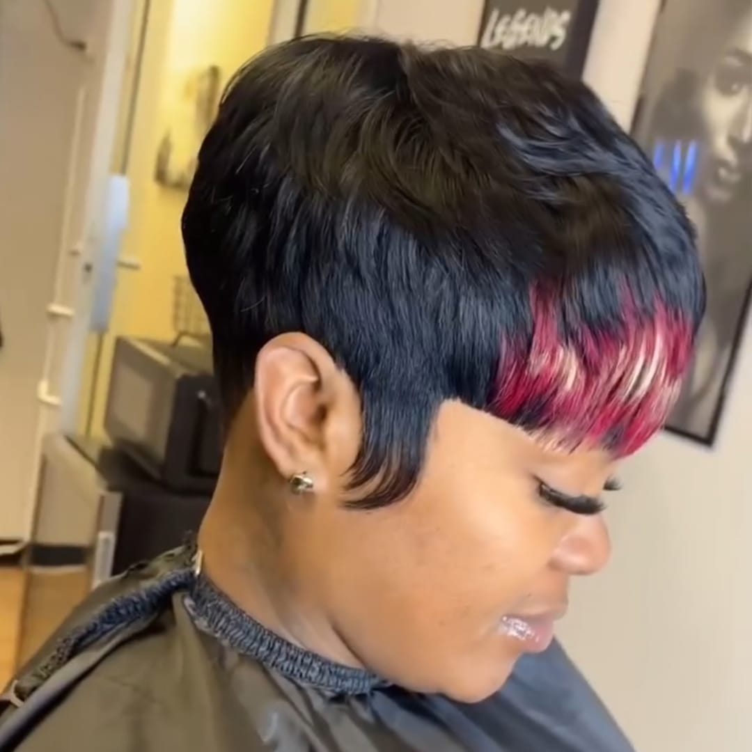 ailuxyhair-fr Perruque Coupe Pixie Identique à la photo AILUXY Perruque Pixie Courte Noire avec Frange Multicolore Rose et Blonde, Coupe Structurée et Moderne