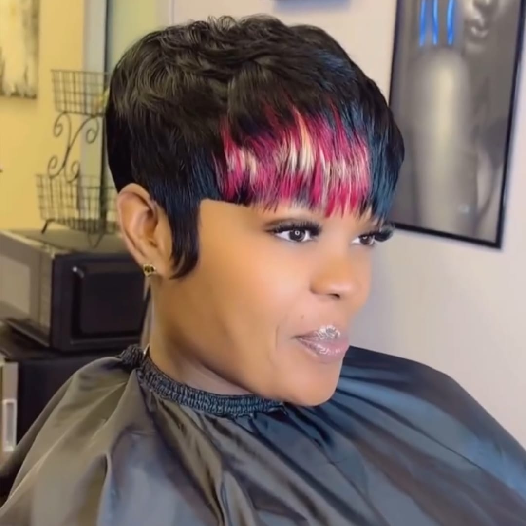 ailuxyhair-fr Perruque Coupe Pixie Identique à la photo AILUXY Perruque Pixie Courte Noire avec Frange Multicolore Rose et Blonde, Coupe Structurée et Moderne
