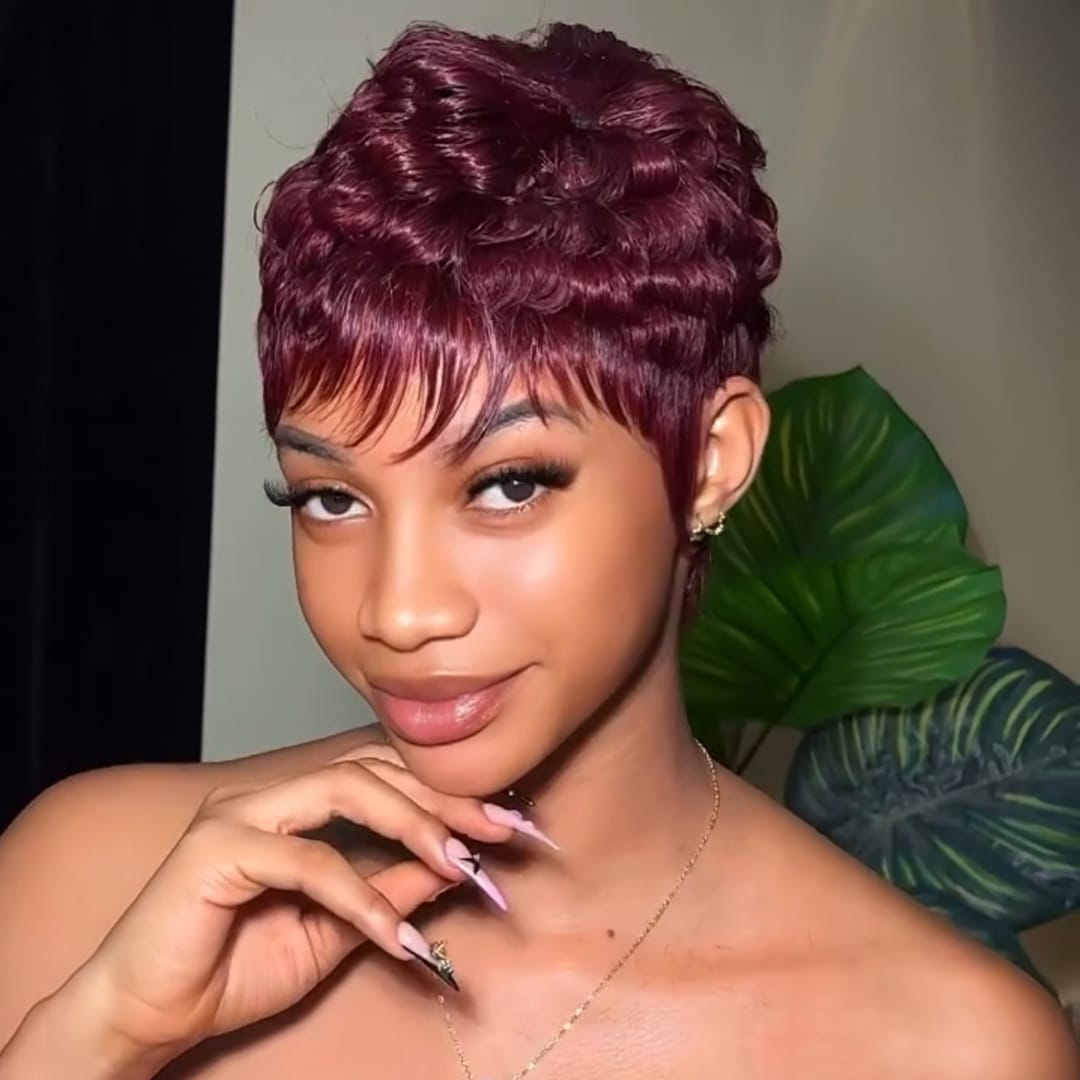 ailuxyhair-fr Perruque Coupe Pixie Identique à la photo AILUXY Perruque Pixie Ondulée Bordeaux Avec Frange | Effet Naturel Immédiat