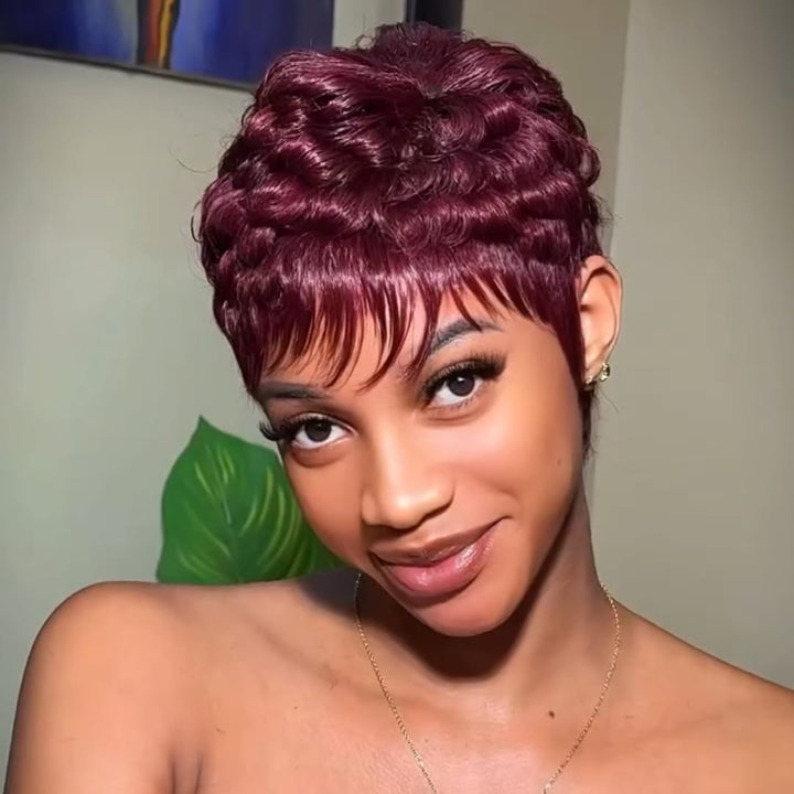 ailuxyhair-fr Perruque Coupe Pixie Identique à la photo AILUXY Perruque Pixie Ondulée Bordeaux Avec Frange | Effet Naturel Immédiat