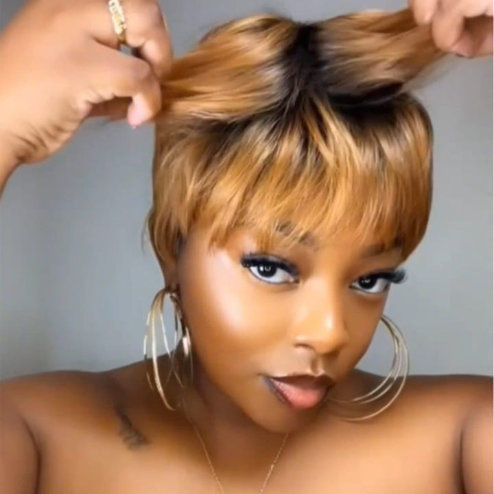 ailuxyhair-fr Perruque Coupe Pixie Identique à la photo AILUXY  Pixie Ombrée Noir-Miel avec Frange Fine, Brillance Satinée, Coupe Compacte Raffinée, Look Chic et Ensoleillé au Quotidien