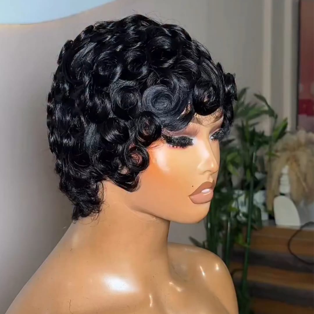 ailuxyhair-fr Perruque Coupe Pixie Noir AILUXY Perruque Rétro en Cheveux Humains à Boucles Circulaires, Coloris Polyvalent, Entretien Minimal, Modèle à Double Couleur Tendance
