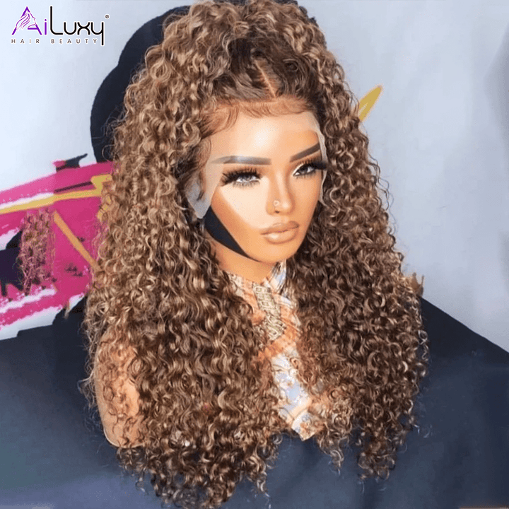 ailuxyhair-fr Sans Colle AILUXY 13x4 Lace Frontal Brun Aux Reflets Blonds Bouclé Longue Perruque 100% Cheveux Humains Densité 200%