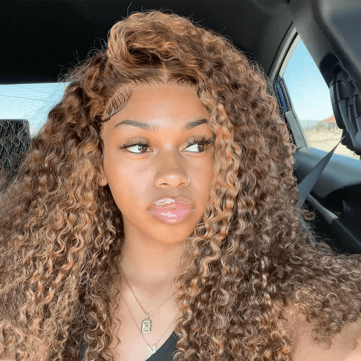 ailuxyhair-fr Sans Colle AILUXY 13x4 Lace Frontal Brun Aux Reflets Blonds Bouclé Longue Perruque 100% Cheveux Humains Densité 200%