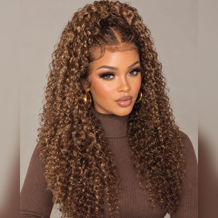 ailuxyhair-fr Sans Colle AILUXY 13x4 Lace Frontal Brun Aux Reflets Blonds Bouclé Longue Perruque 100% Cheveux Humains Densité 200%