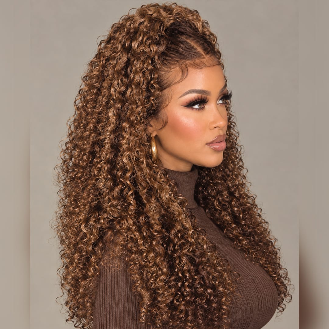 ailuxyhair-fr Sans Colle AILUXY 13x4 Lace Frontal Brun Aux Reflets Blonds Bouclé Longue Perruque 100% Cheveux Humains Densité 200%