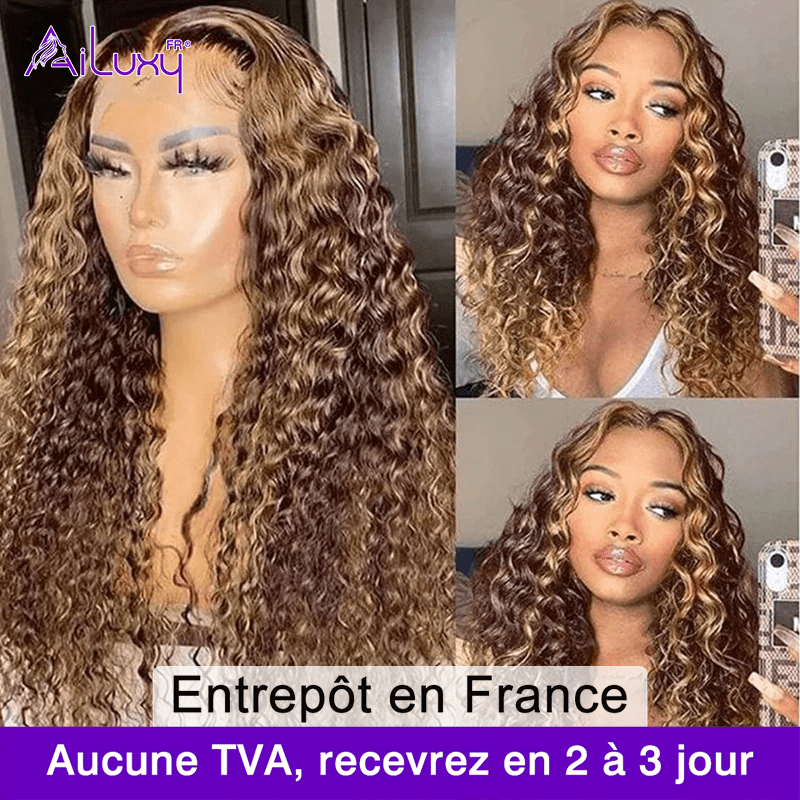 ailuxyhair-fr Sans Colle AILUXY 13x4 Lace Frontal Deep Wave Brun Balayage Miel Perruque 100% Cheveux Humains