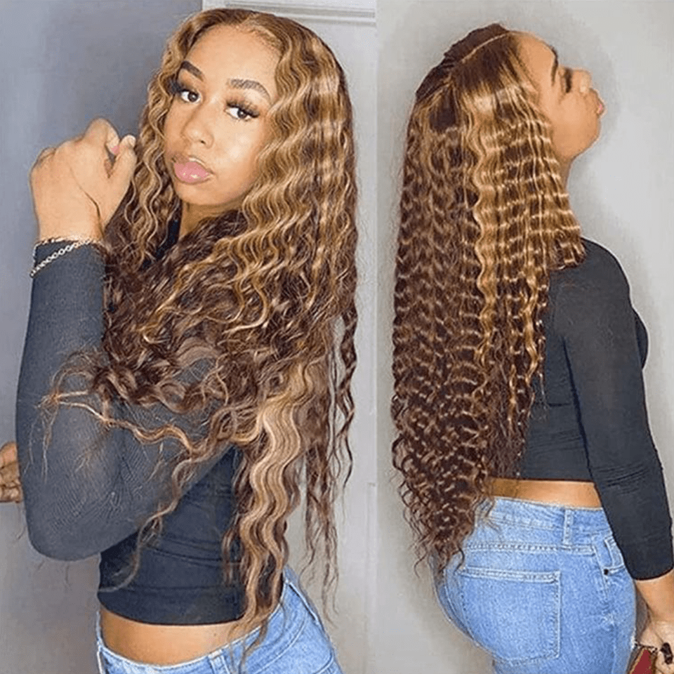 ailuxyhair-fr Sans Colle AILUXY 13x4 Lace Frontal Deep Wave Brun Balayage Miel Perruque 100% Cheveux Humains