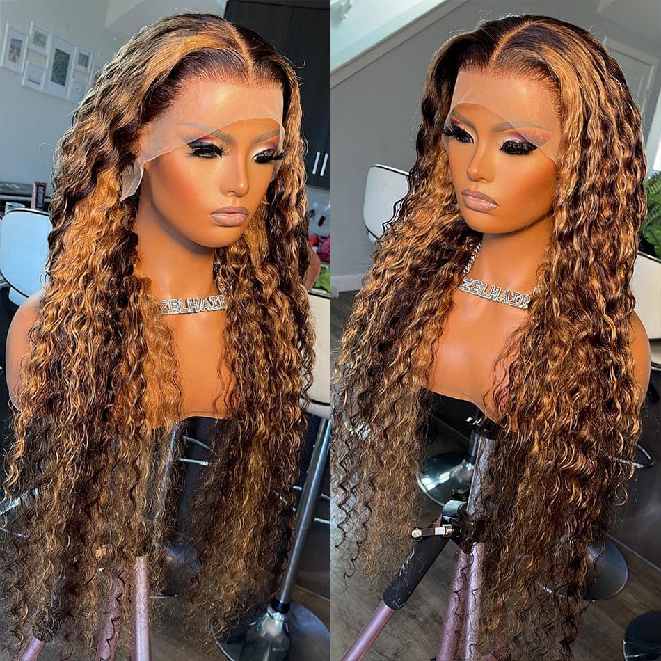 ailuxyhair-fr Sans Colle AILUXY 13x4 Lace Frontal Deep Wave Brun Balayage Miel Perruque 100% Cheveux Humains