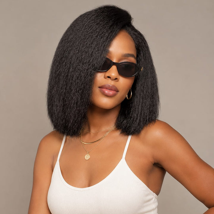 ailuxyhair-fr Sans colle AILUXY 13x4 Lace Frontal Kinky Lisse Noir Bob Perruque 200% Densité 100% Cheveux Humains