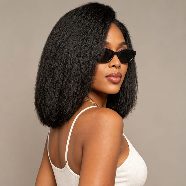 ailuxyhair-fr Sans colle AILUXY 13x4 Lace Frontal Kinky Lisse Noir Bob Perruque 200% Densité 100% Cheveux Humains