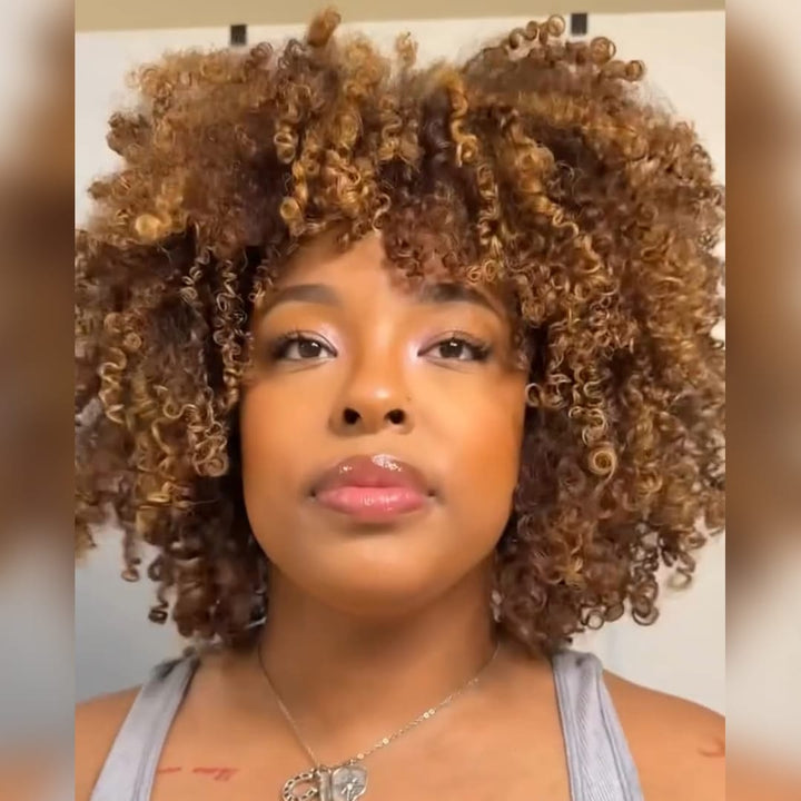 ailuxyhair-fr Sans Colle AILUXY Perruque Bob Avec Frange Afro Curly Sans Colle Volume Parfait, Couleur Caramel Magnifique