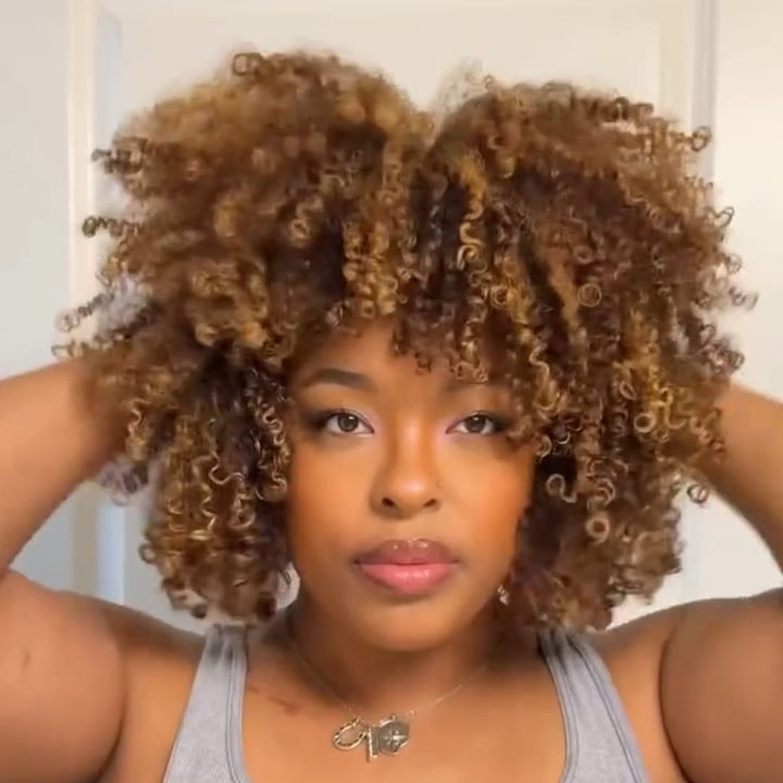 ailuxyhair-fr Sans Colle AILUXY Perruque Bob Avec Frange Afro Curly Sans Colle Volume Parfait, Couleur Caramel Magnifique