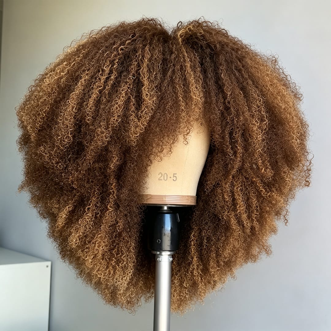 ailuxyhair-fr Sans Colle AILUXY Perruque Bouclée Kinky Curly Brun Balayage Caramel, Texture Naturelle Style Afro