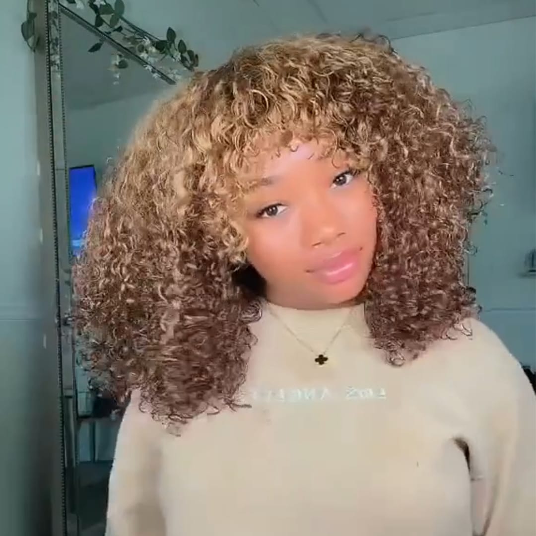 ailuxyhair-fr Sans Colle AILUXY Perruque Bouclée Machine-Made Ombré Miel - Entretien Facile, Cheveux Humains