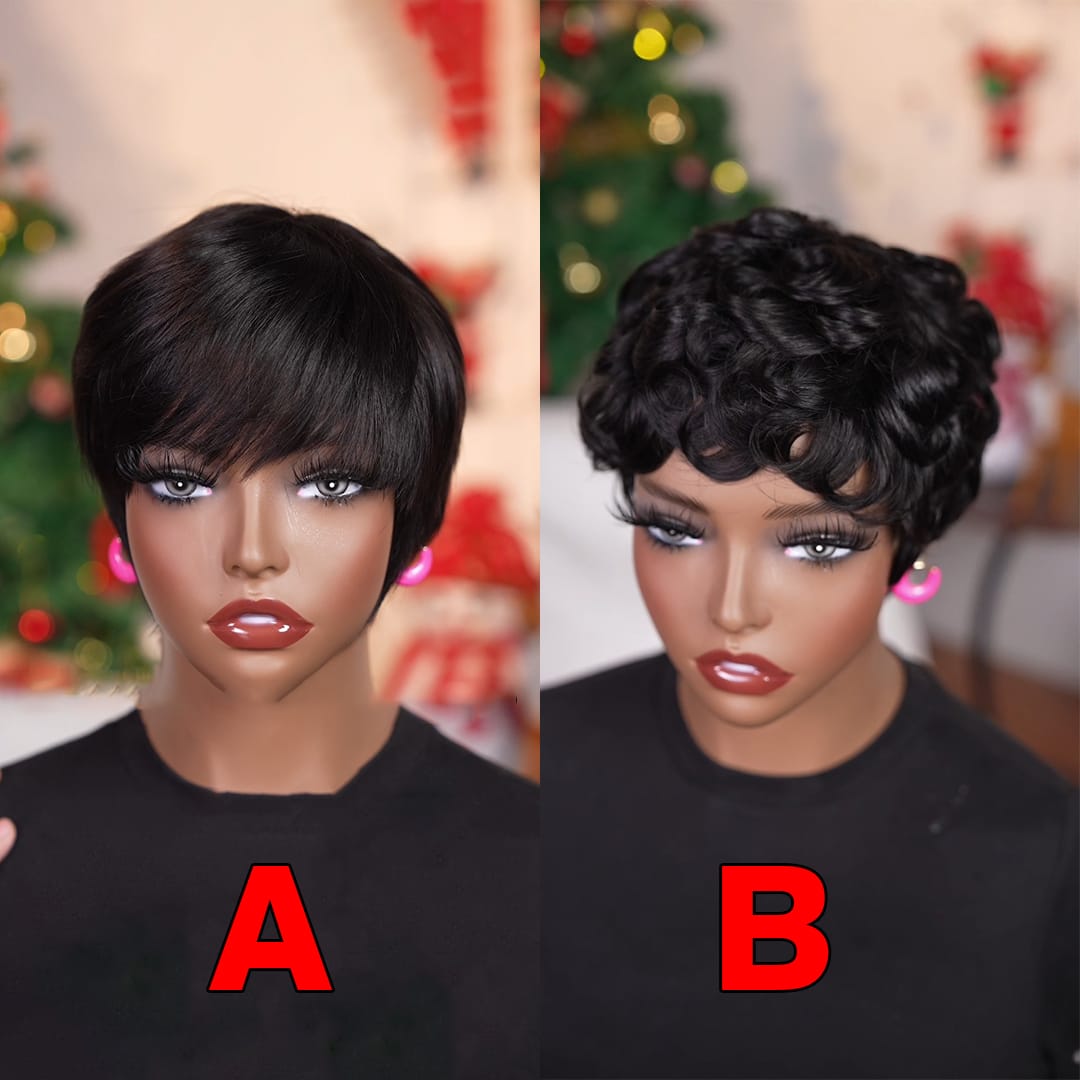 ailuxyhair-fr Sans Colle AILUXY Perruque Pixie Courte Lisse  Et Perruque Pixie Courte à Boucles Ondulées Sculptées avec FrangeFacile à Porter et à Entretenir, Coiffure Pratique pour Femme Moderne au Quotidien