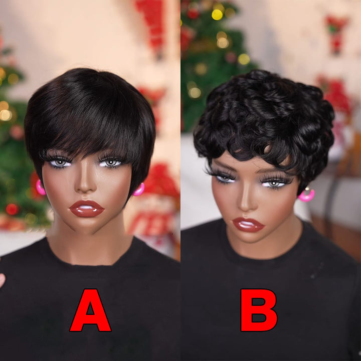 ailuxyhair-fr Sans Colle AILUXY Perruque Pixie Courte Lisse  Et Perruque Pixie Courte à Boucles Ondulées Sculptées avec FrangeFacile à Porter et à Entretenir, Coiffure Pratique pour Femme Moderne au Quotidien