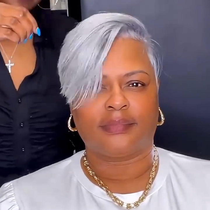 ailuxyhair-fr Topper AILUXY Topper Cheveux Humain Gris Argenté Court, Postiche Naturel avec Frange
