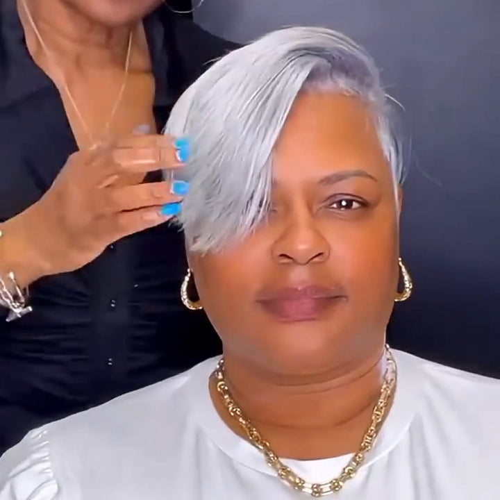 ailuxyhair-fr Topper AILUXY Topper Cheveux Humain Gris Argenté Court, Postiche Naturel avec Frange