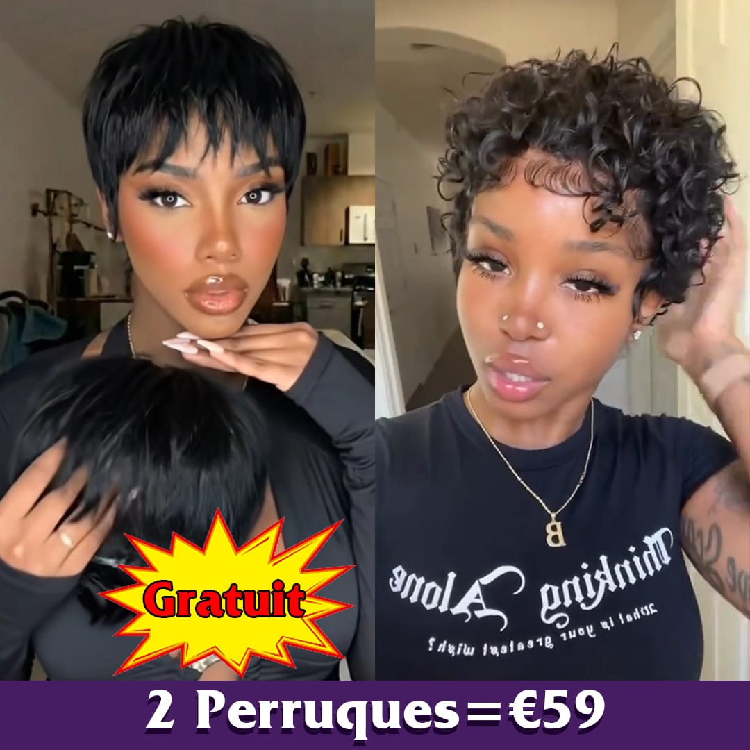 ailuxyhair-fr topper Identique à la photo AILUXY 2 Perruques = €59 | Perruques Courtes Pixie + Bouclées Topper Cheveux pour Femme Noire, 100% Cheveux Humains Naturels,Gratuit