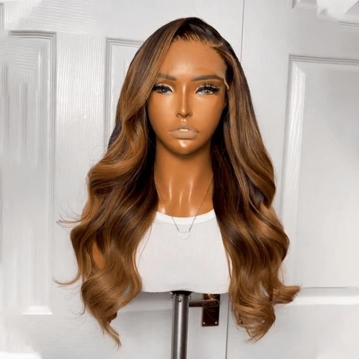 AILUXY 13x4 Lace Frontal Brun Balayage Miel #30#27 Body Wave Longue Perruque 100% Cheveux Humains